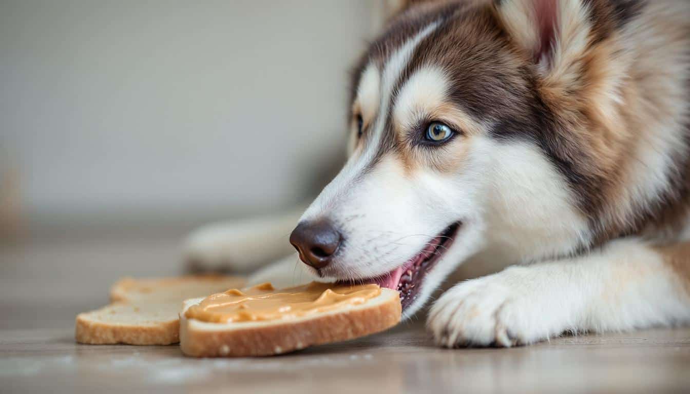 husky eating peanut butter