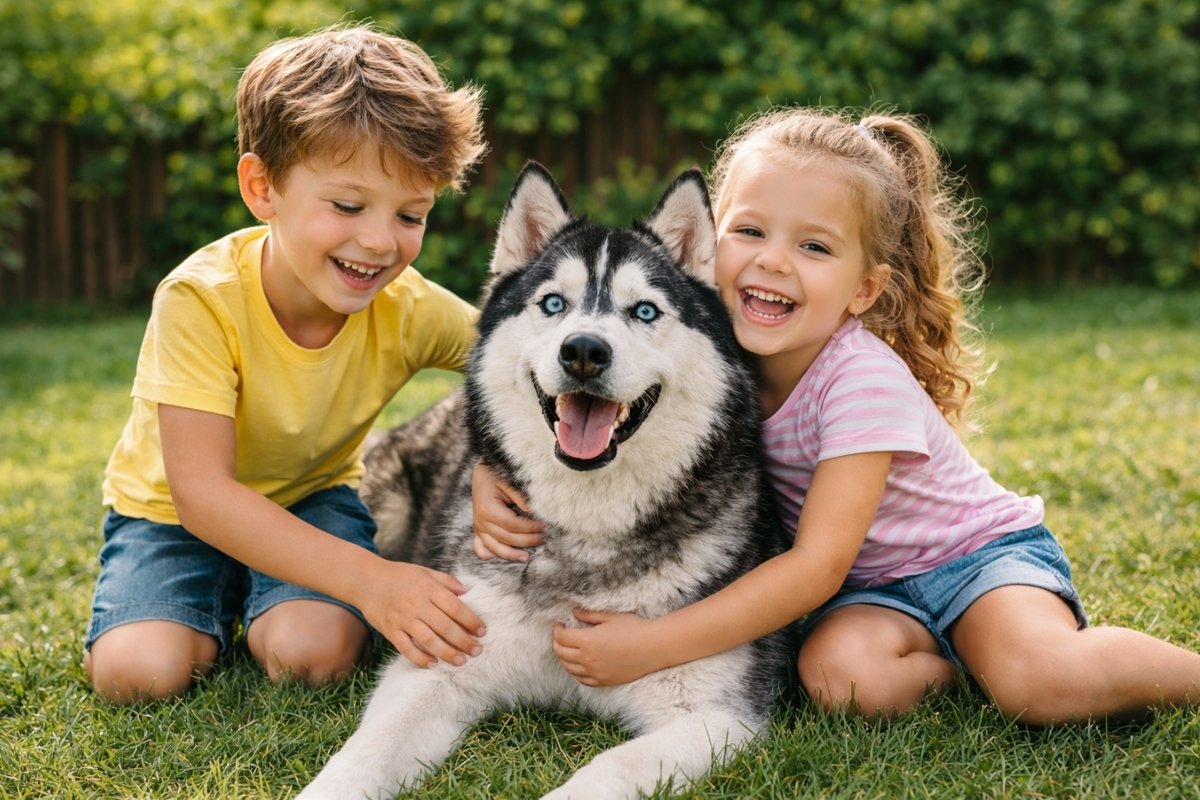 husky playing with children